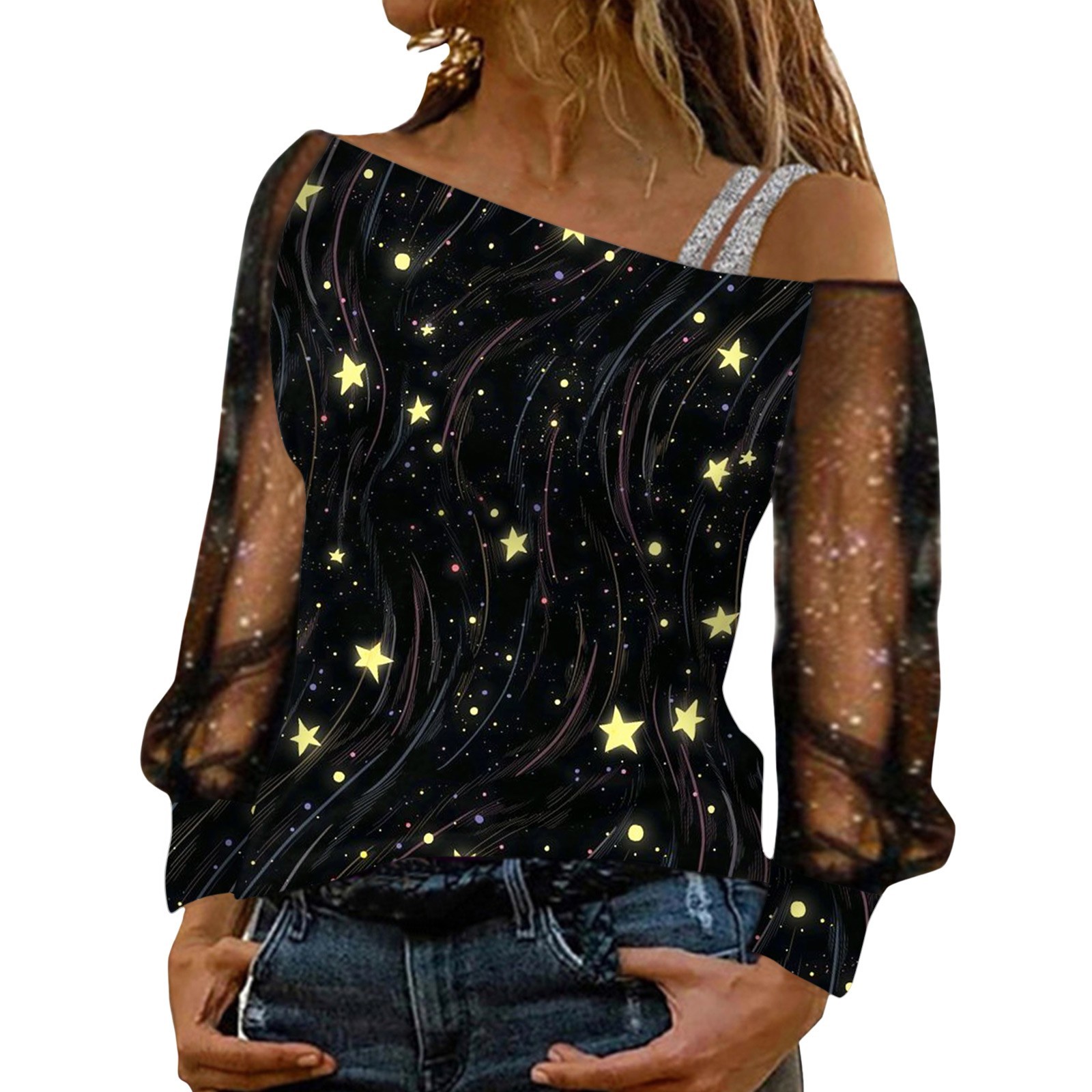 thumbnail image 2 of Top de manga larga con hombros descubiertos y malla para mujer - Blusa con estampado de lentejuelas - Moda informal para fiestas y salidas, 2 of 4